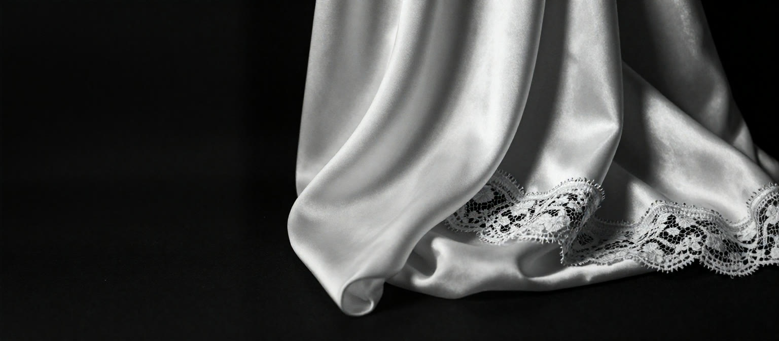 GINA HF — ivory silk falling into folds over a lace hem, photographed after dark